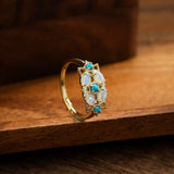 Bague spirituelle Pierre de Lune et Turquoise Florale Argent Plaqué Or - Biloria