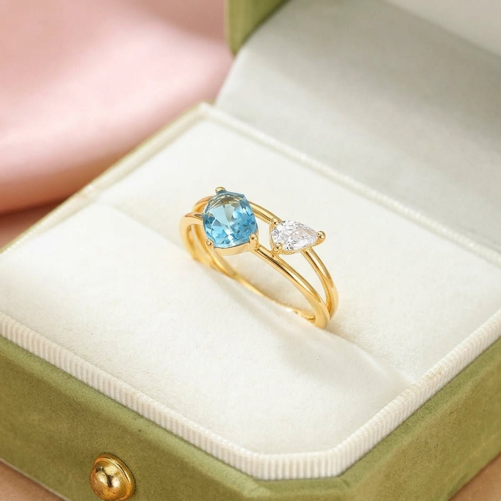 Bague Topaze avec Zircon, Argent Plaqué Or – Bijou Ajustable - Biloria