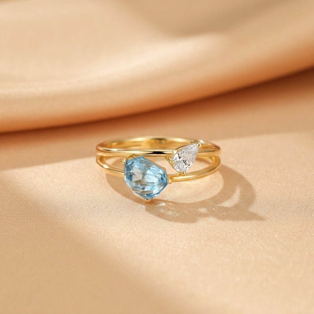 Bague Topaze avec Zircon, Argent Plaqué Or – Bijou Ajustable - Biloria