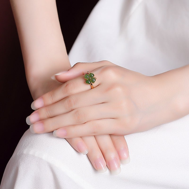 Bague Trèfle Jade Argent Plaqué Or Feng Shui Chance Harmonie - Biloria