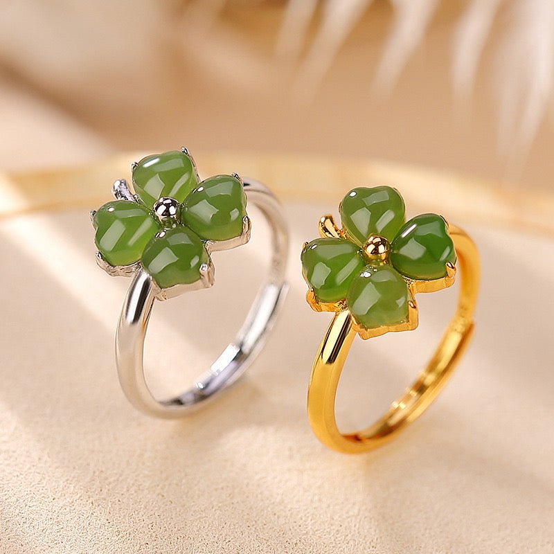 Bague Trèfle Jade Argent Plaqué Or Feng Shui Chance Harmonie - Biloria
