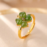 Bague Trèfle Jade Argent Plaqué Or Feng Shui Chance Harmonie - Biloria