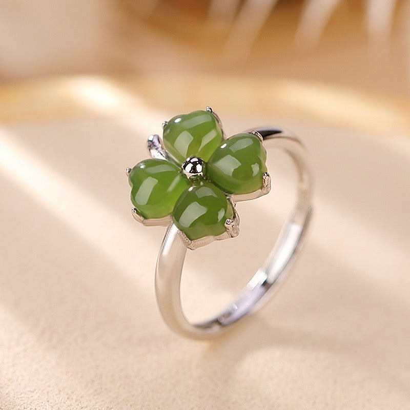 Bague Trèfle Jade Argent Plaqué Or Feng Shui Chance Harmonie - Biloria