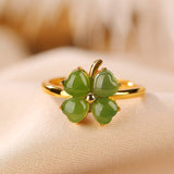 Bague Trèfle Jade Argent Plaqué Or Feng Shui Chance Harmonie - Biloria