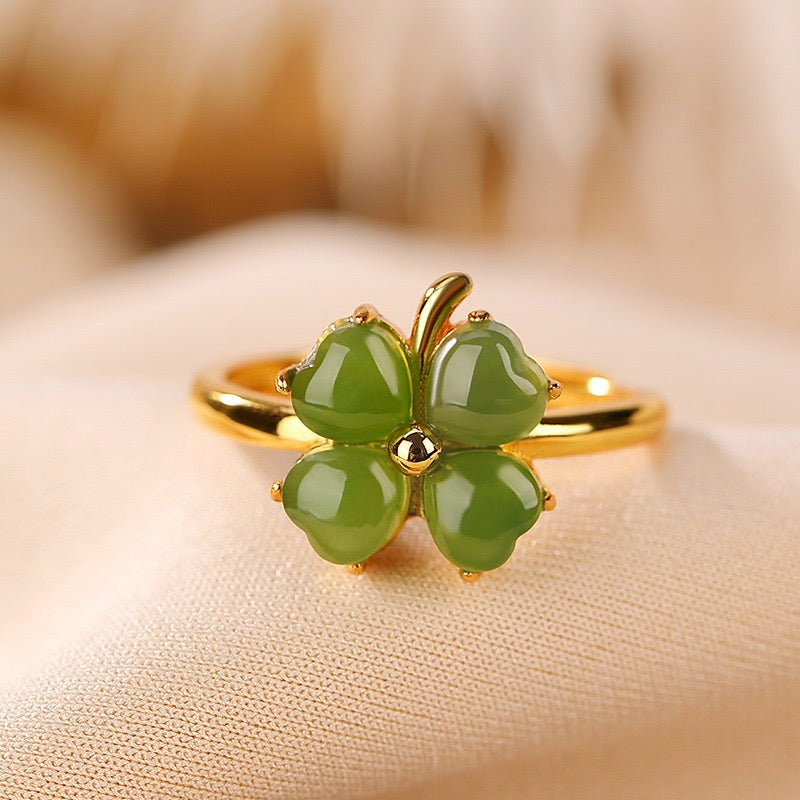 Bague Trèfle Jade Argent Plaqué Or Feng Shui Chance Harmonie - Biloria