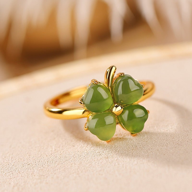 Bague Trèfle Jade Argent Plaqué Or Feng Shui Chance Harmonie - Biloria