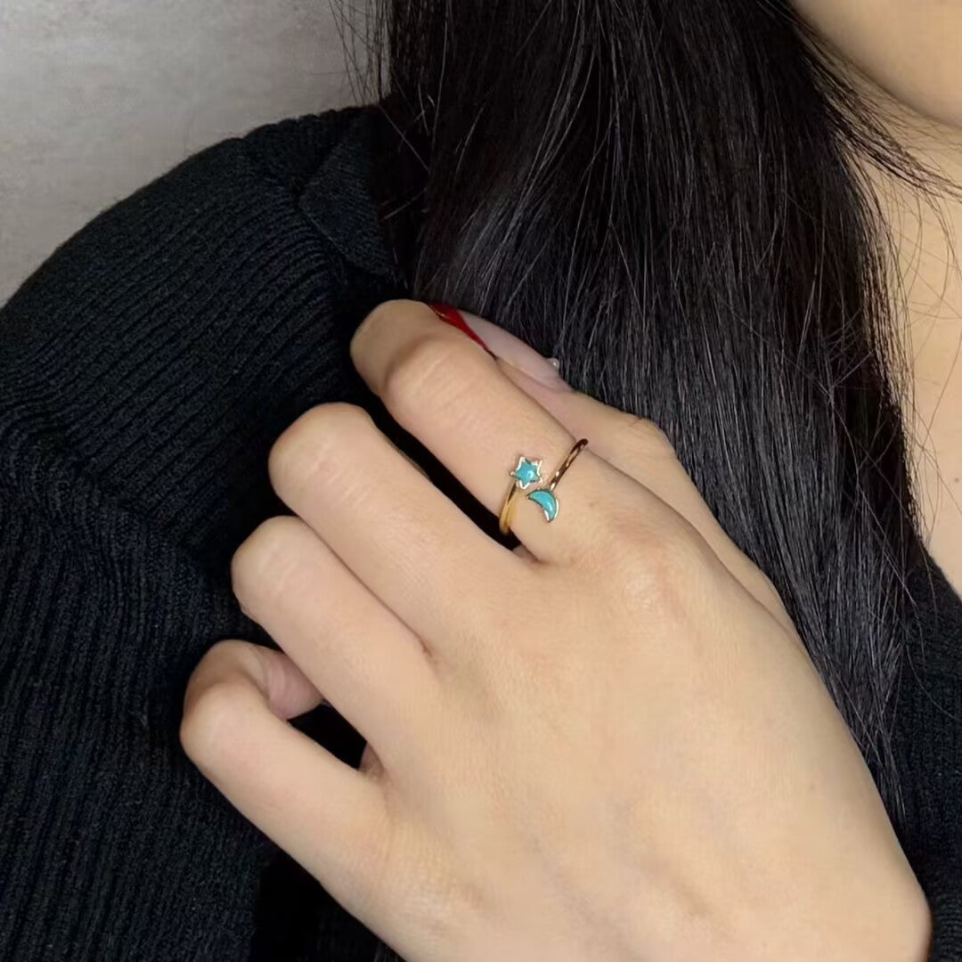 Bague Turquoise Lune Étoile en Argent Plaqué Or - Biloria
