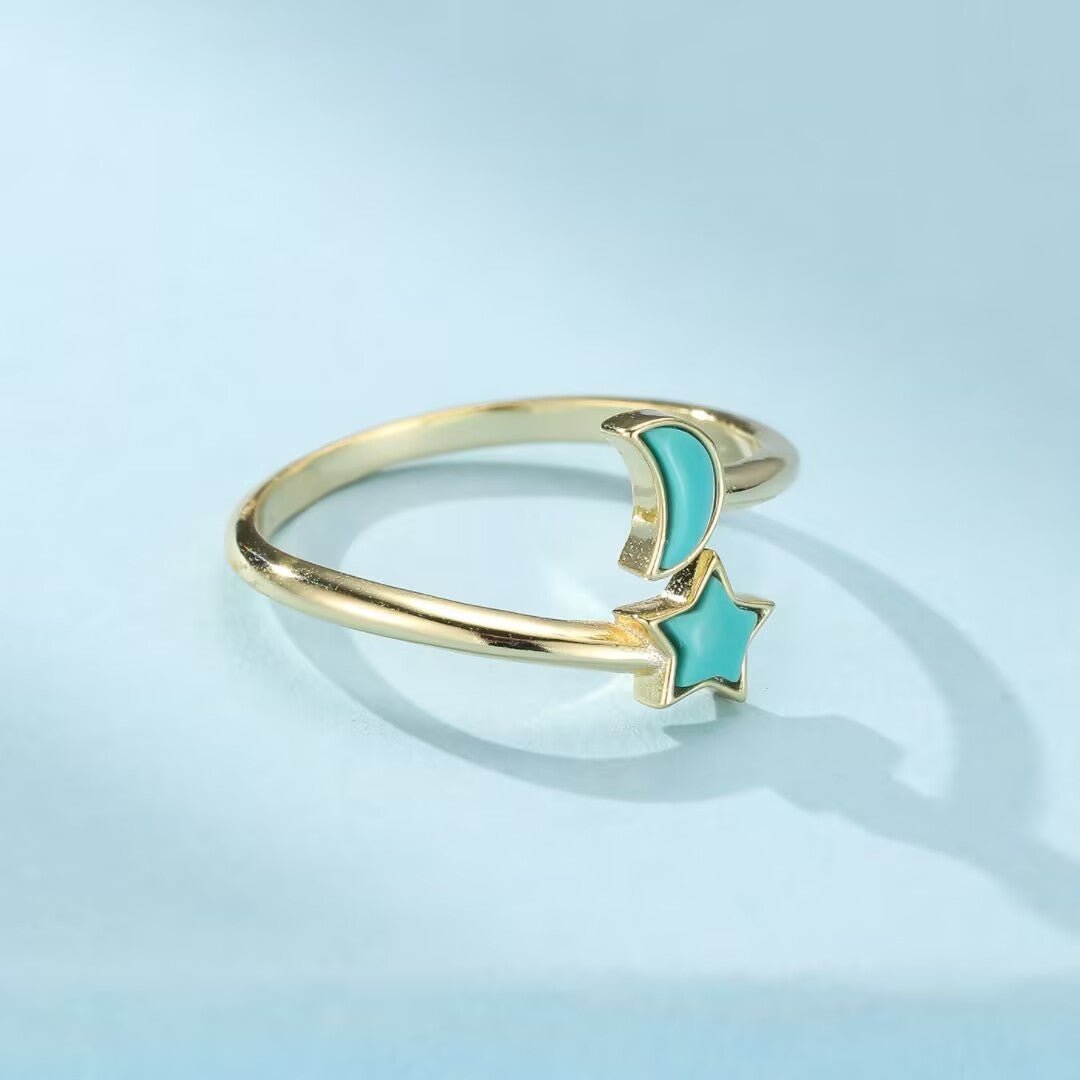 Bague Turquoise Lune Étoile en Argent Plaqué Or - Biloria