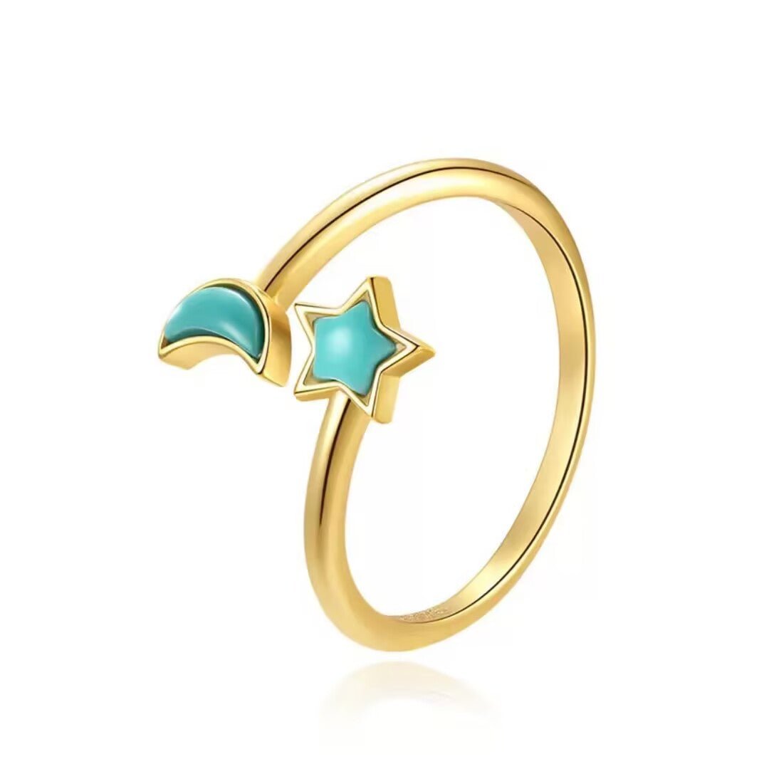 Bague Turquoise Lune Étoile en Argent Plaqué Or - Biloria