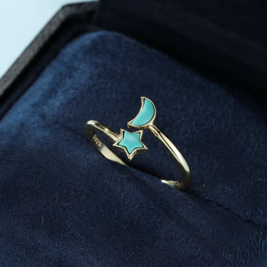 Bague Turquoise Lune Étoile en Argent Plaqué Or - Biloria
