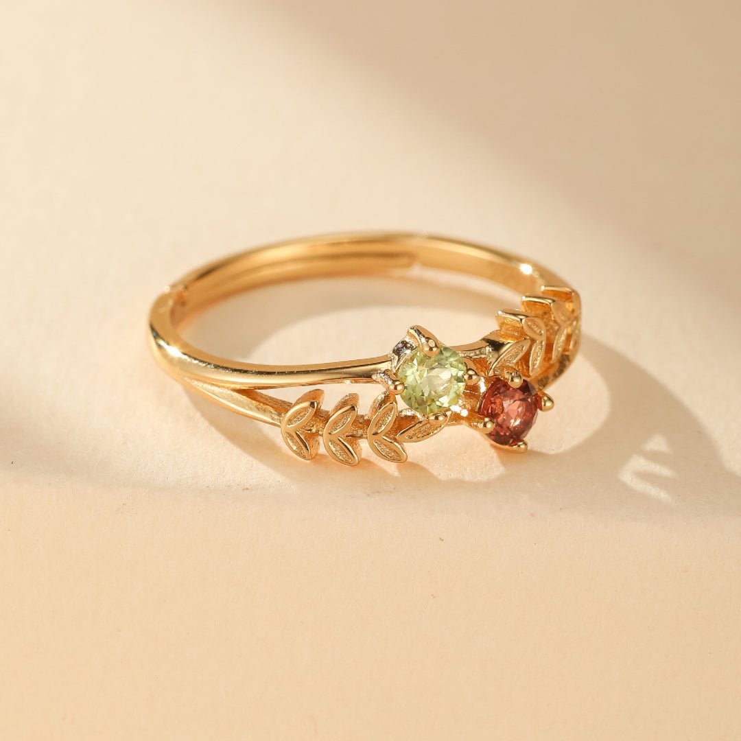 Bague Vigne Éternelle Grenat Péridot Argent Plaqué Or Ajustable - Biloria