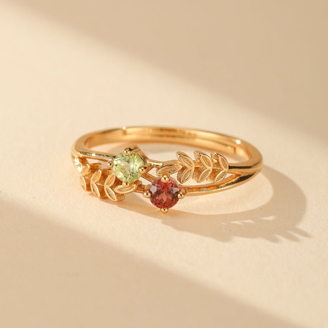 Bague Vigne Éternelle Grenat Péridot Argent Plaqué Or Ajustable - Biloria