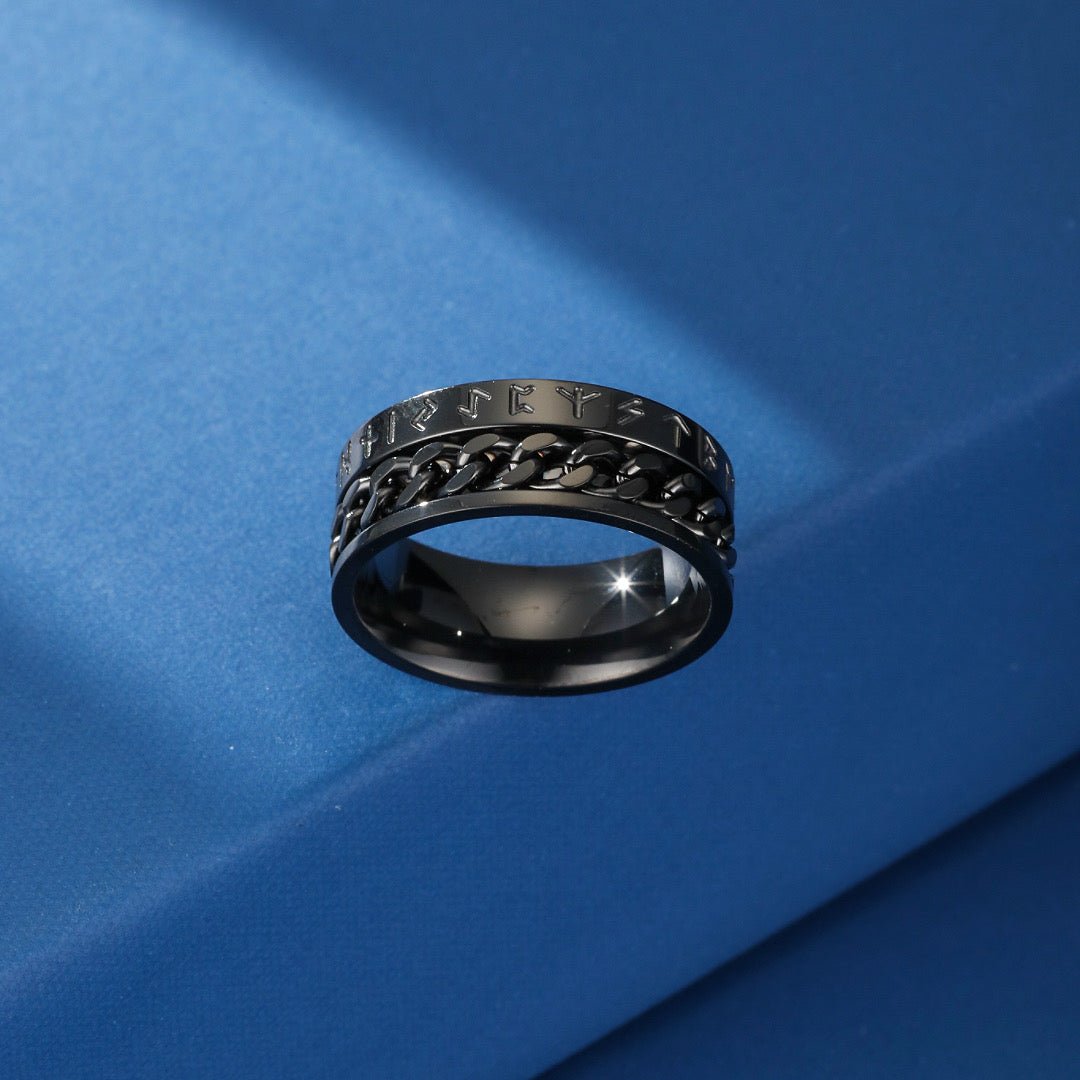 Bague Viking Noire avec Runes et Chaîne Mobile - Biloria