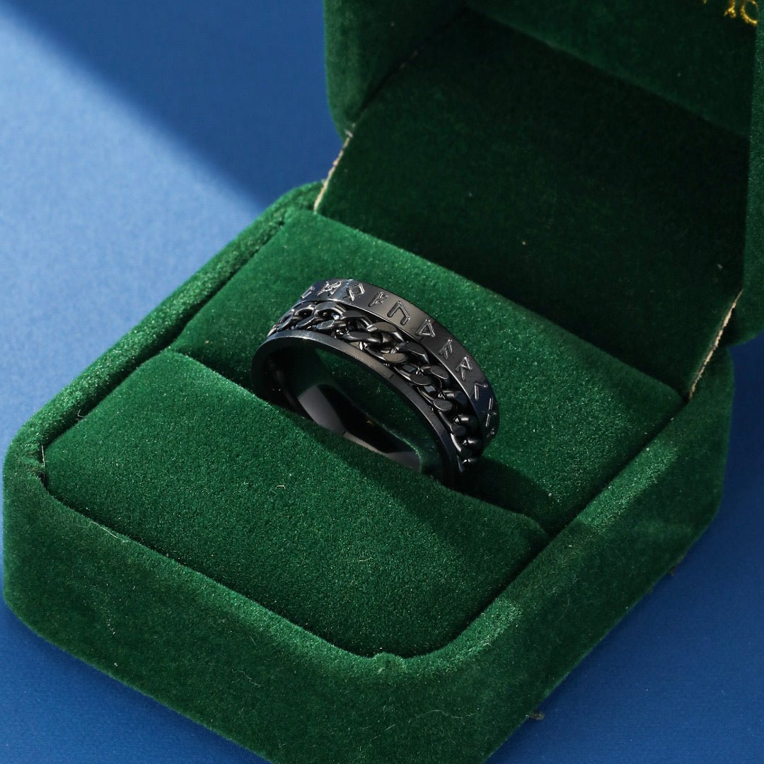 Bague Viking Noire avec Runes et Chaîne Mobile - Biloria