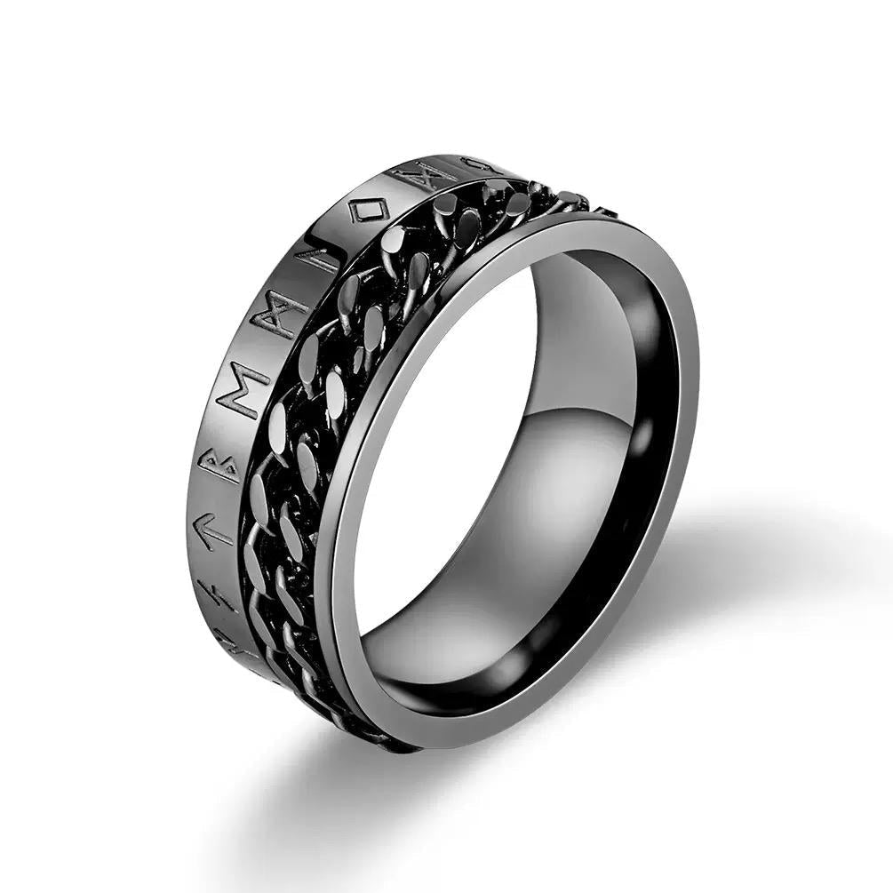 Bague Viking Noire avec Runes et Chaîne Mobile - Biloria
