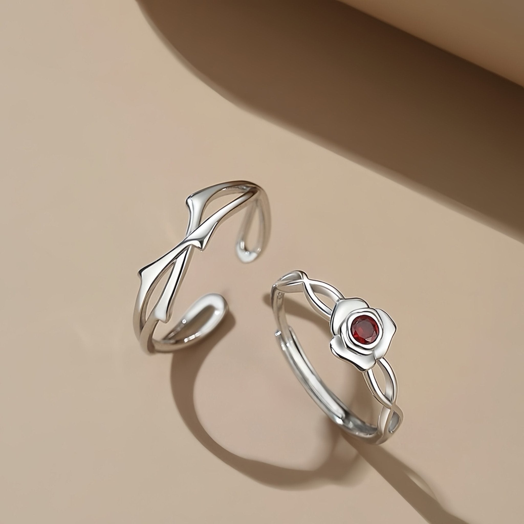 Bagues Couple Épines et Rose Argent 925 Ajustables - Biloria