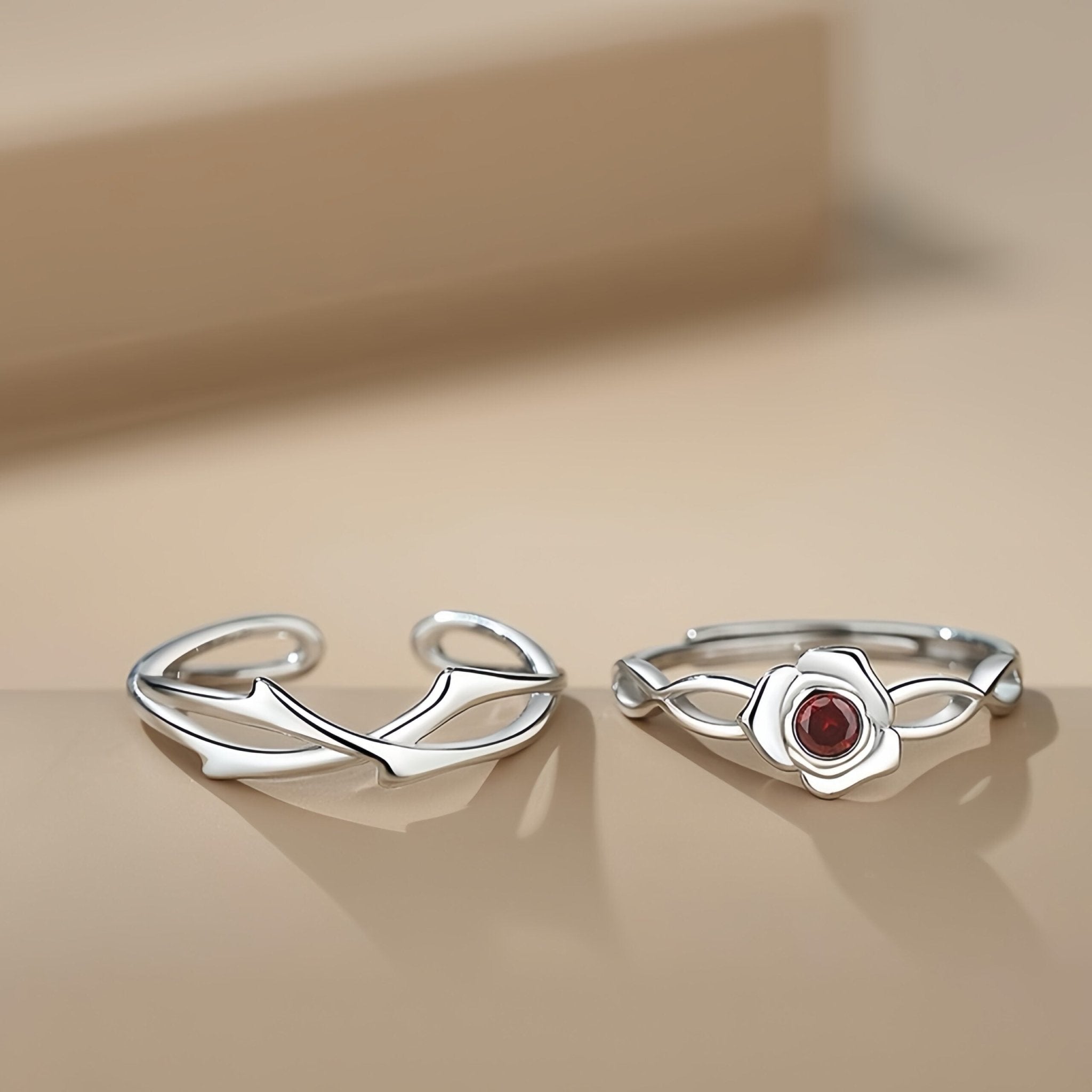 Bagues Couple Épines et Rose Argent 925 Ajustables - Biloria