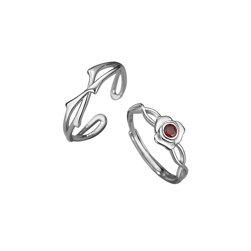Bagues Couple Épines et Rose Argent 925 Ajustables - Biloria