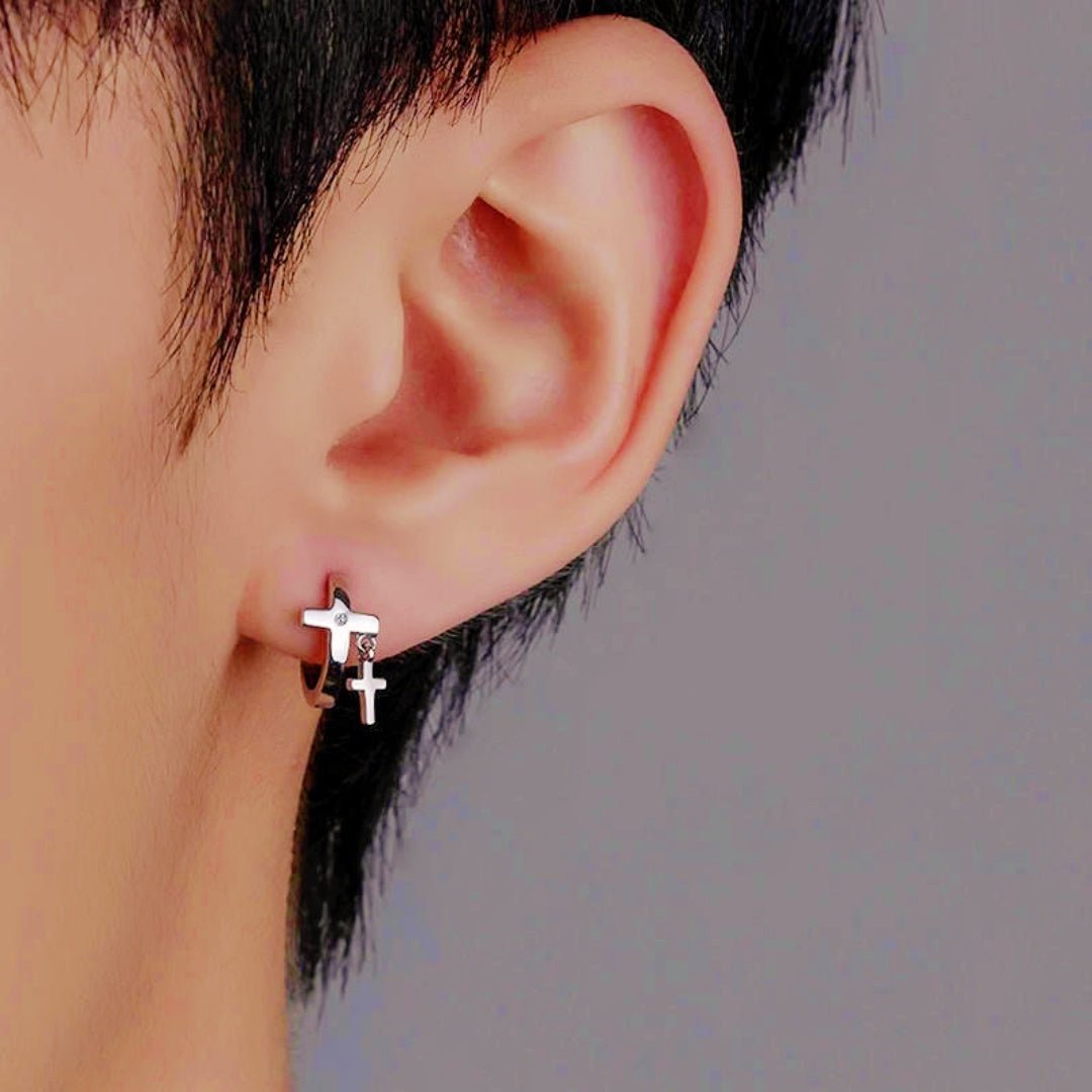 Boucle d'Oreille Croix Homme Argent 925 Zircon Blanc - Biloria