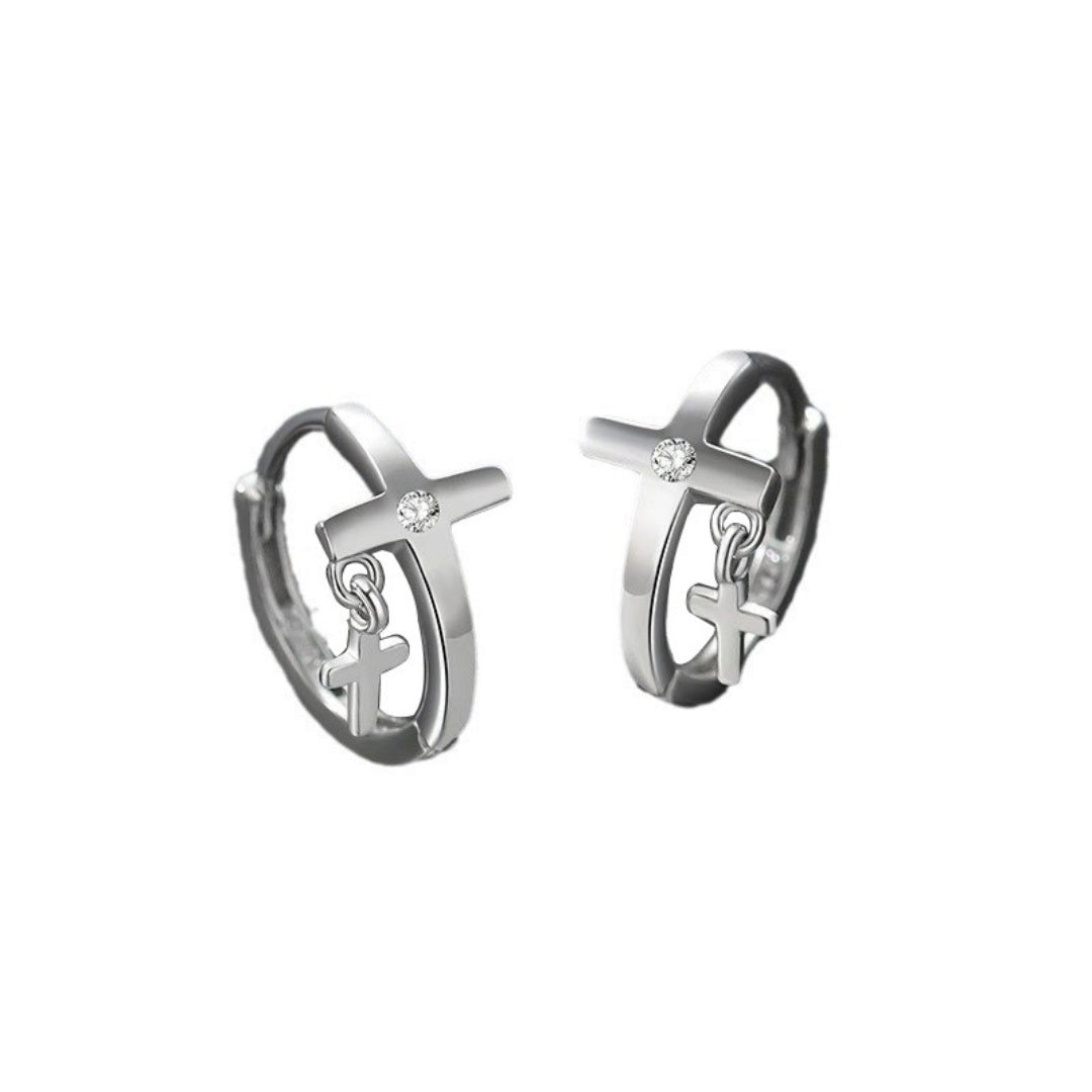 Boucle d'oreille homme croix argent 925 zircon blanc - Biloria