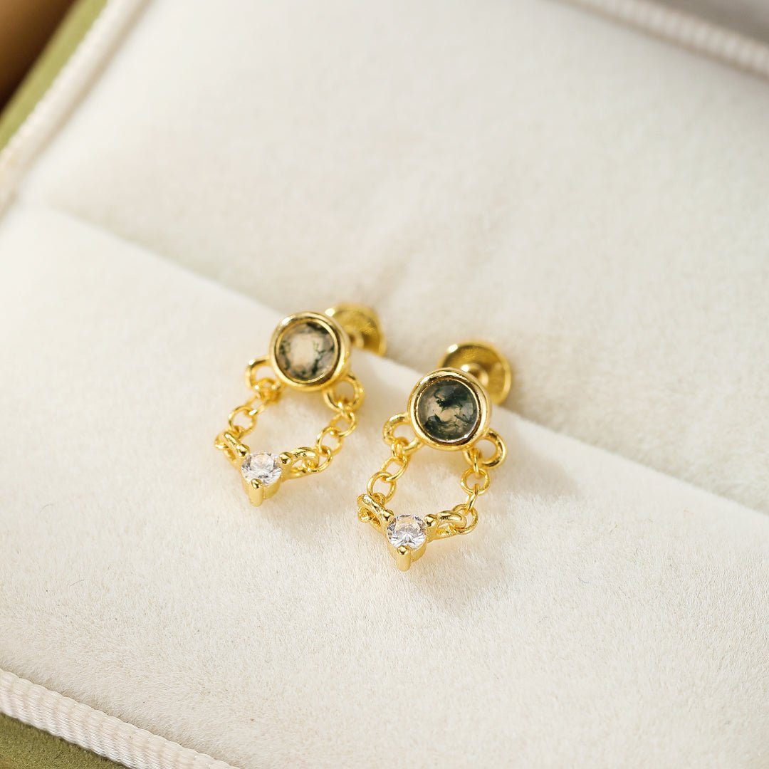 Boucles d'Oreille Agate Mousse Chaîne Élémentaire Argent Plaqué Or - Biloria