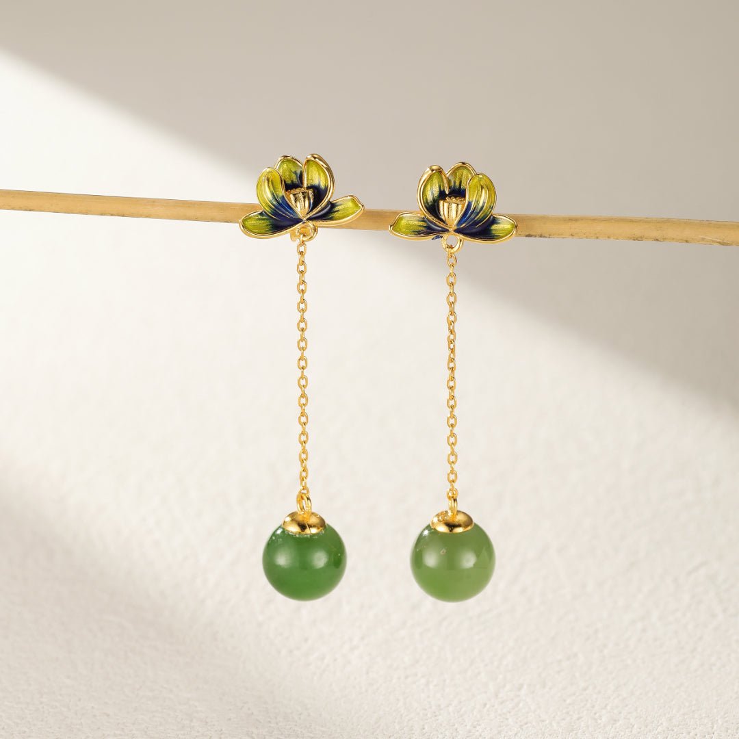 Boucles d'Oreille Jade Lotus Bleu Argent Plaqué Or - Biloria