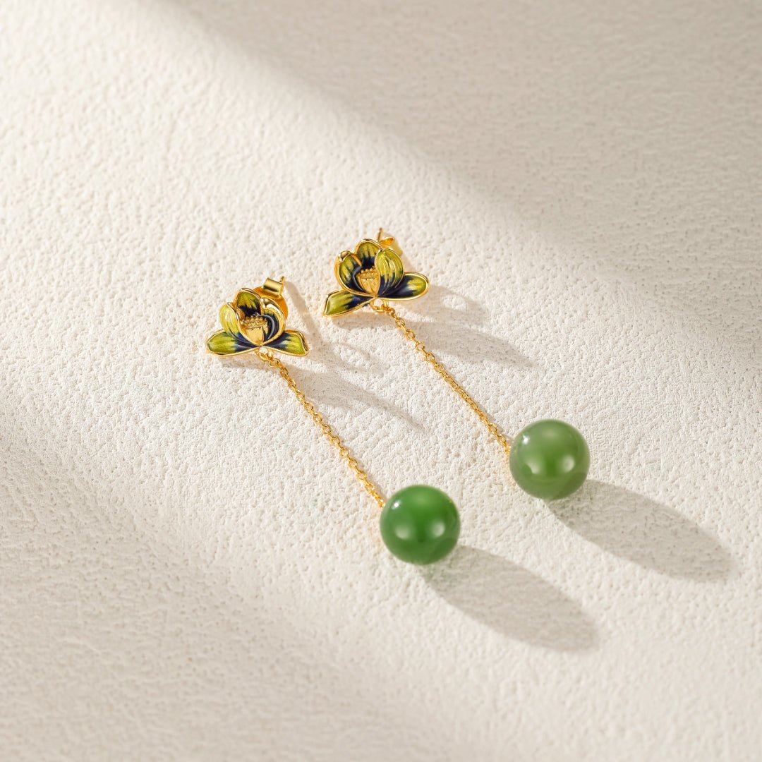 Boucles d'Oreille Jade Lotus Bleu Argent Plaqué Or - Biloria