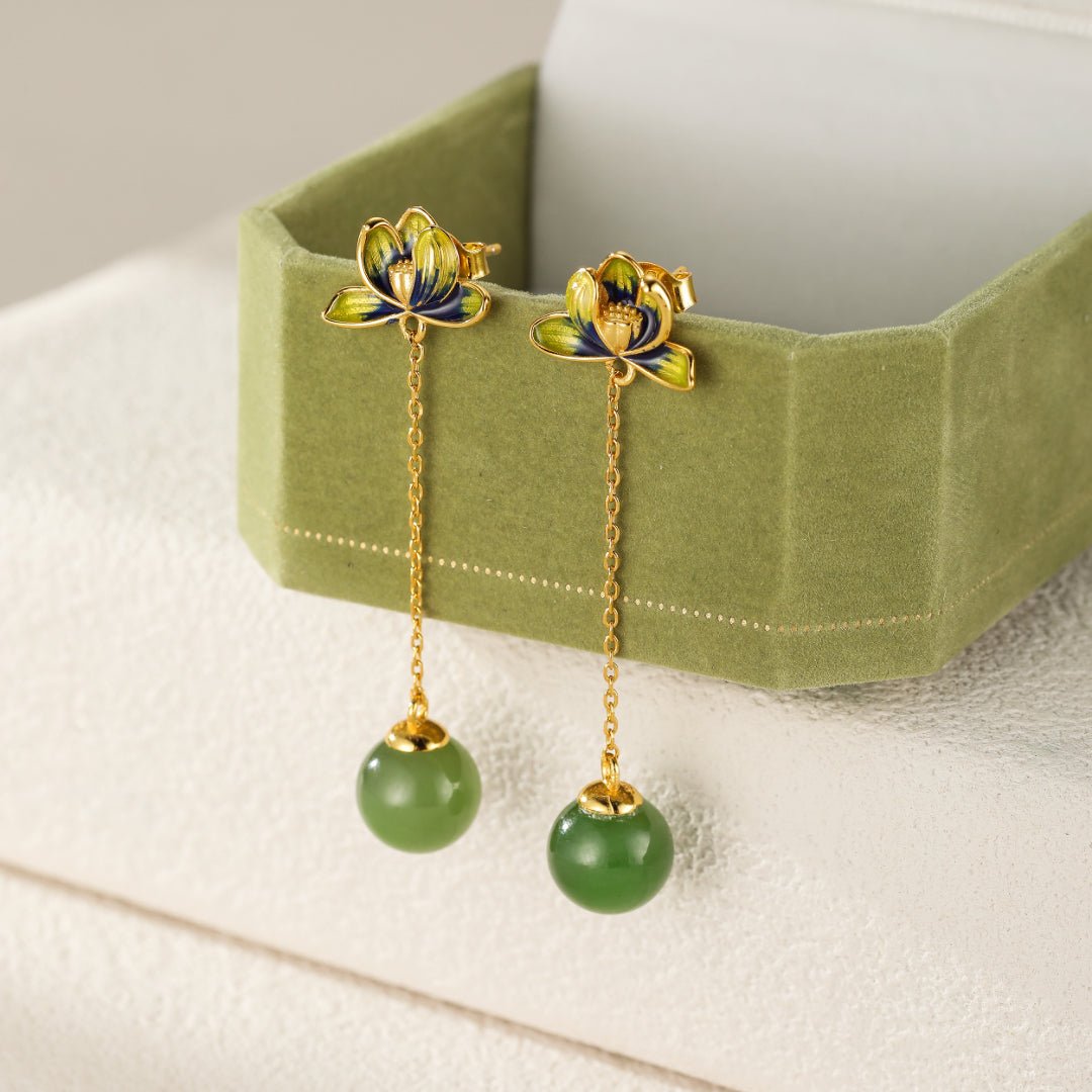 Boucles d'Oreille Lotus Bleu et Jade Néphrite - Argent Plaqué Or - Biloria