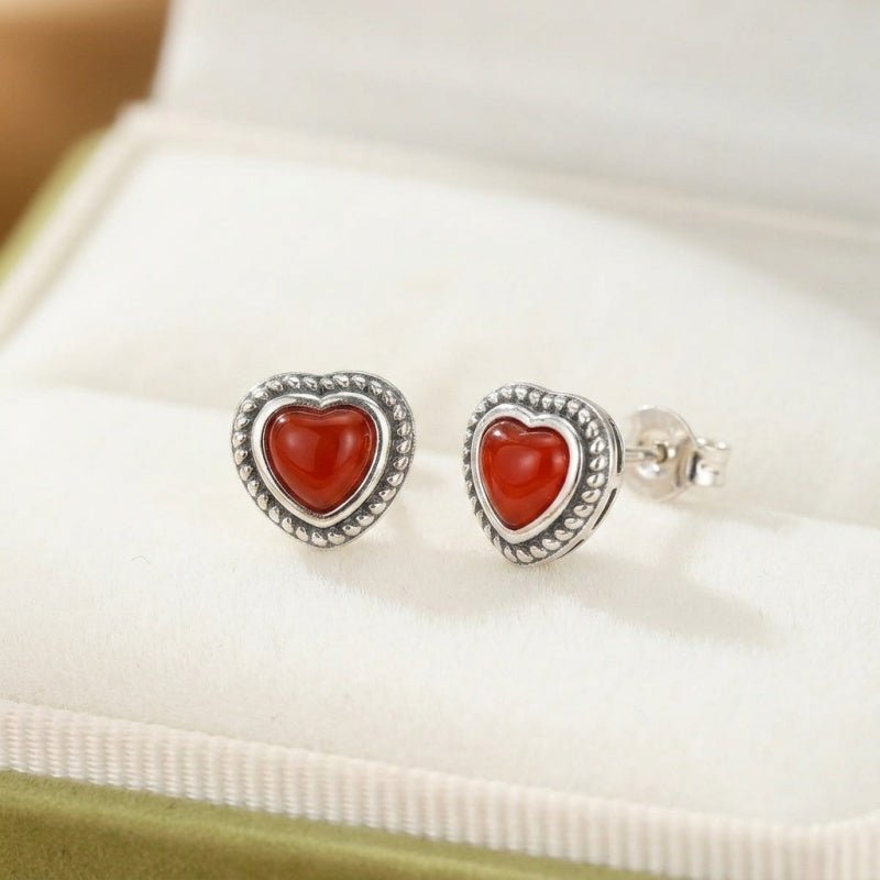 Boucles d'oreilles Agate Rouge en forme de Cœur – Argent S925 - Biloria