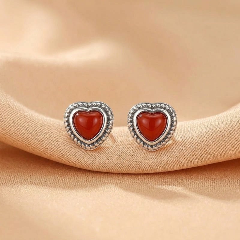 Boucles d'oreilles Agate Rouge en forme de Cœur – Argent S925 - Biloria