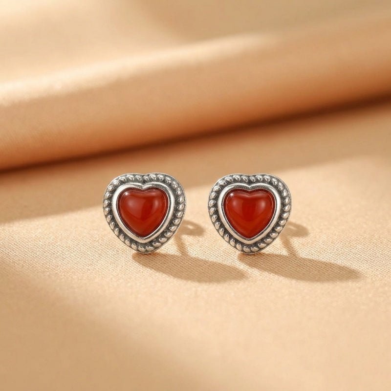 Boucles d'oreilles Agate Rouge en forme de Cœur – Argent S925 - Biloria