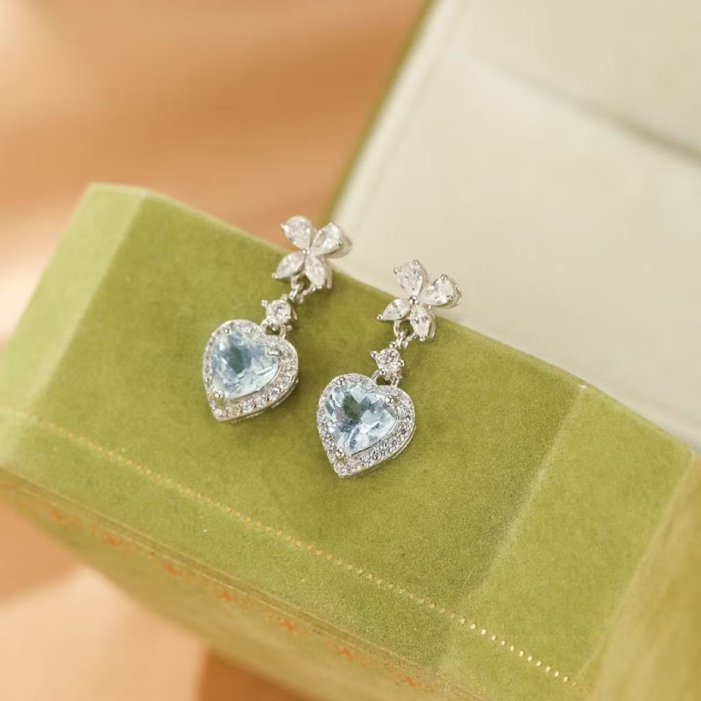 Boucles d'oreilles Aigue marine cœur Argent 925 - Biloria