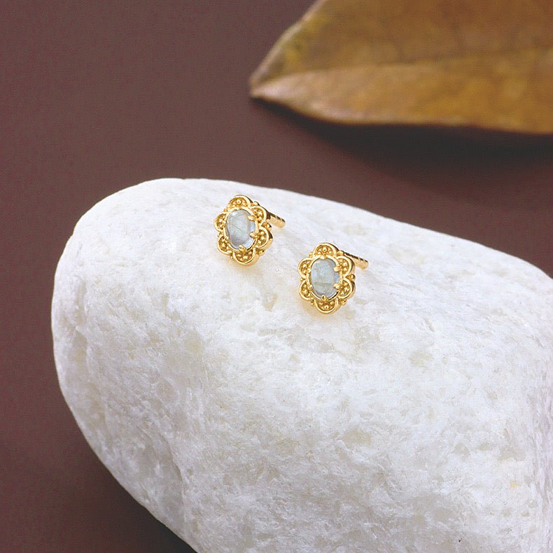 Boucles d'Oreilles Aigue Marine Dorées – Bijou Pierre Naturelle - Biloria