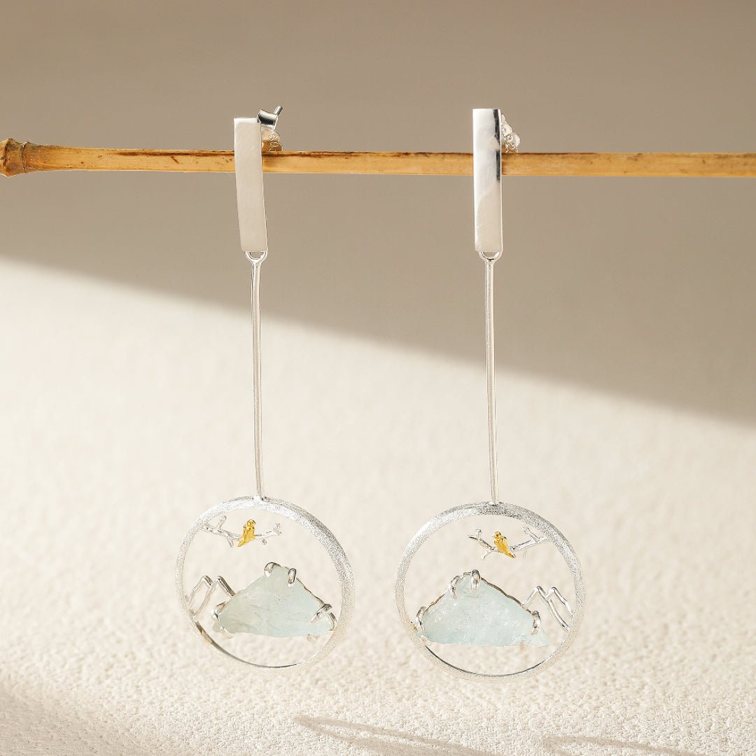 Boucles d'Oreilles Aigue Marine et Oiseau Argent ou Or - Biloria