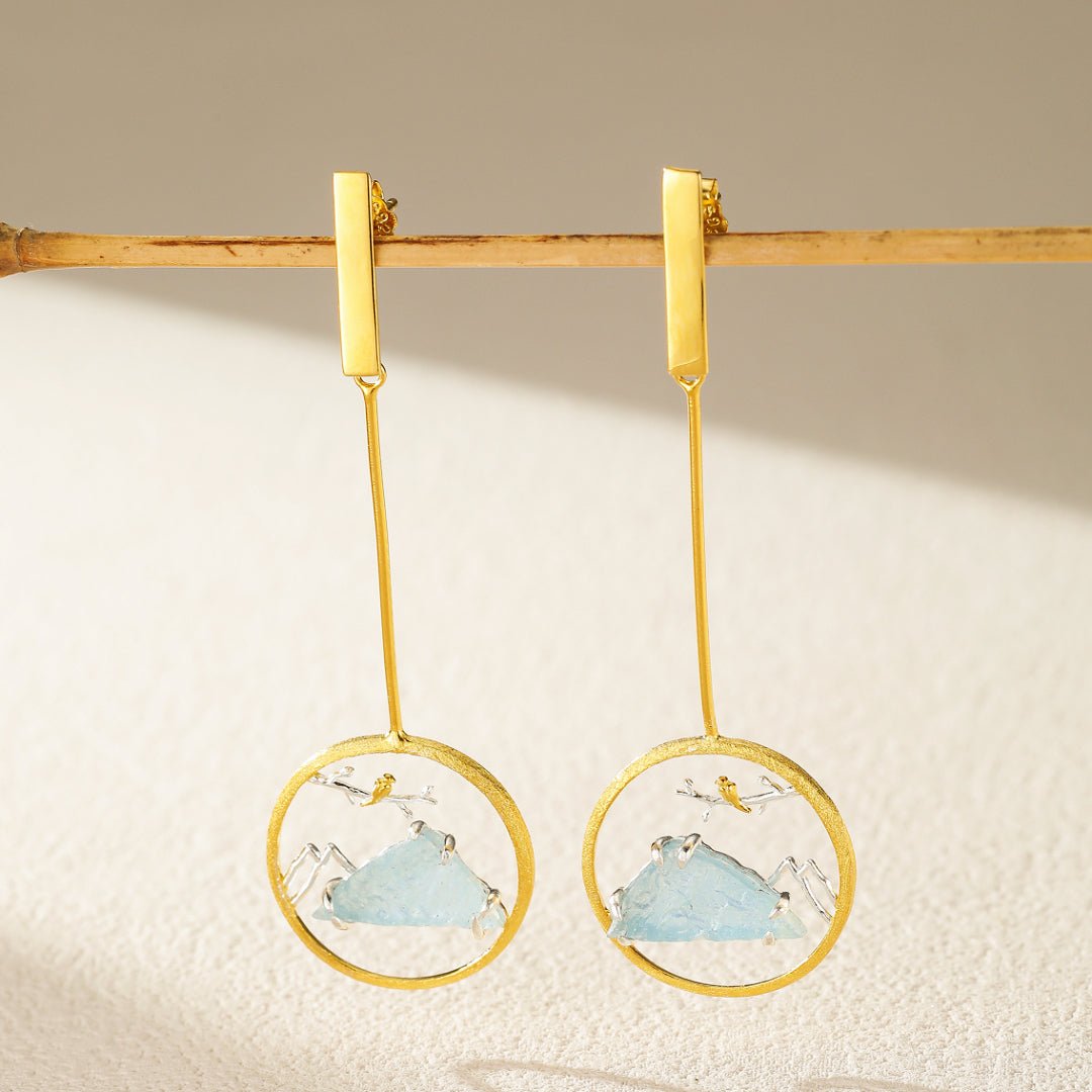 Boucles d'Oreilles Aigue Marine et Oiseau Argent ou Or - Biloria