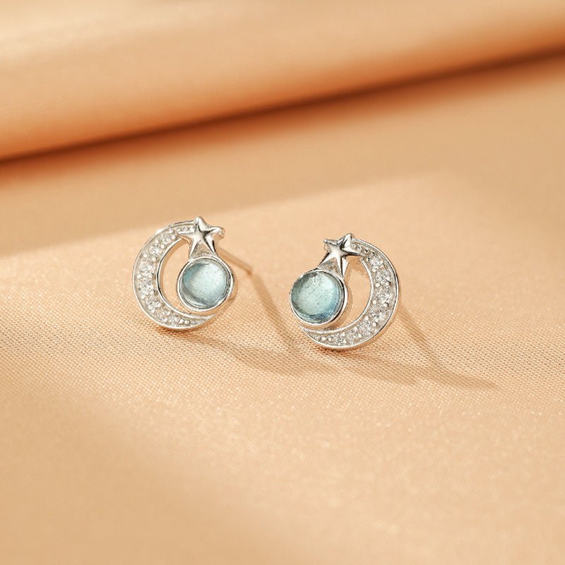 Boucles d'oreilles Aigue marine Étoile Lunaire - Argent S925 - Biloria