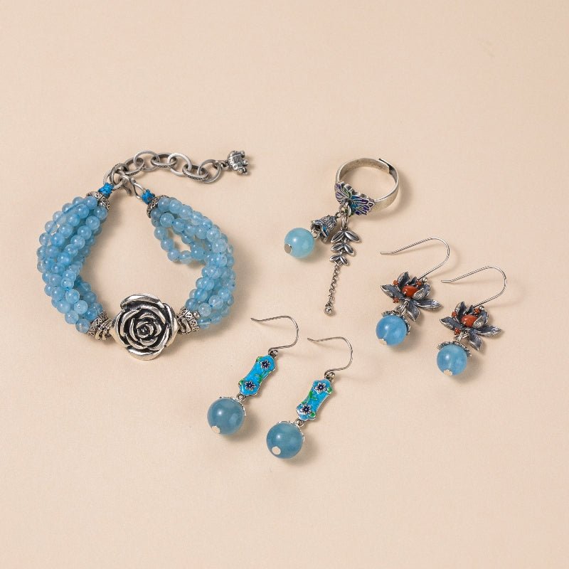 Boucles d'Oreilles Aigue Marine Lotus Argent 925 Sérénité - Biloria
