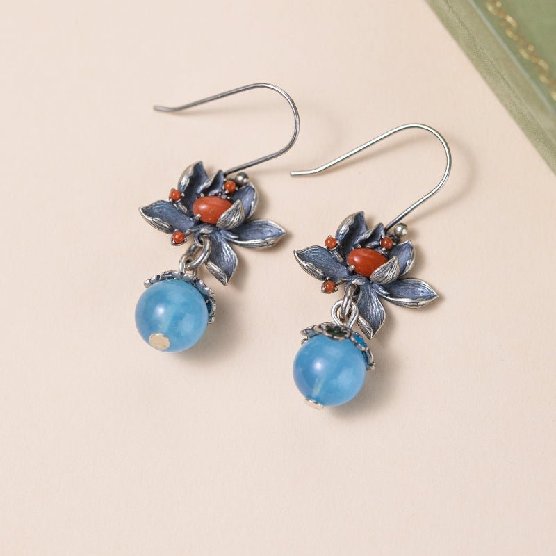 Boucles d'Oreilles Aigue Marine Lotus Argent 925 Sérénité - Biloria