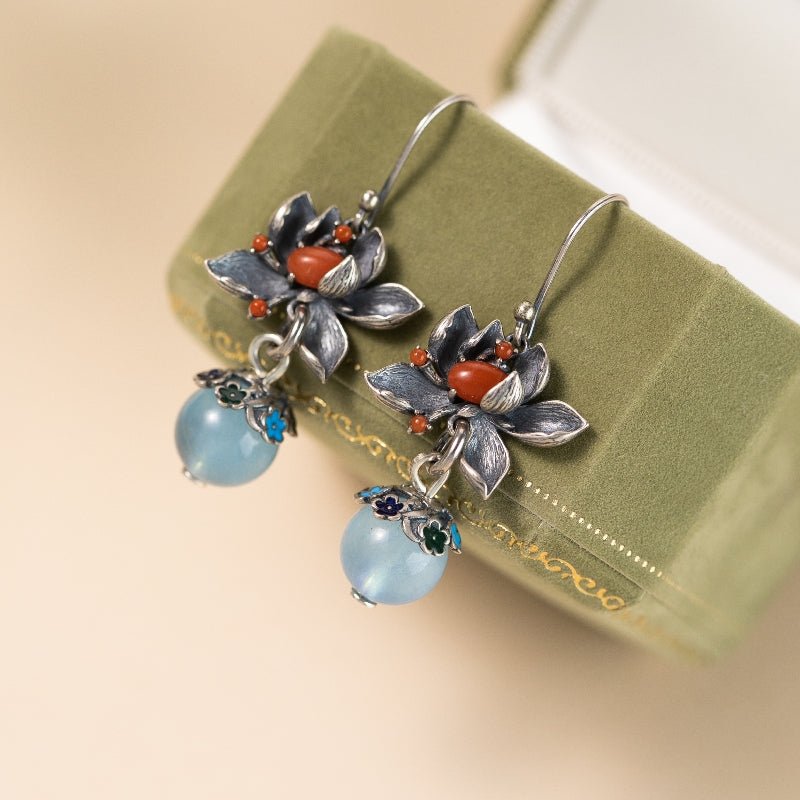 Boucles d'Oreilles Aigue Marine Lotus Argent 925 Sérénité - Biloria