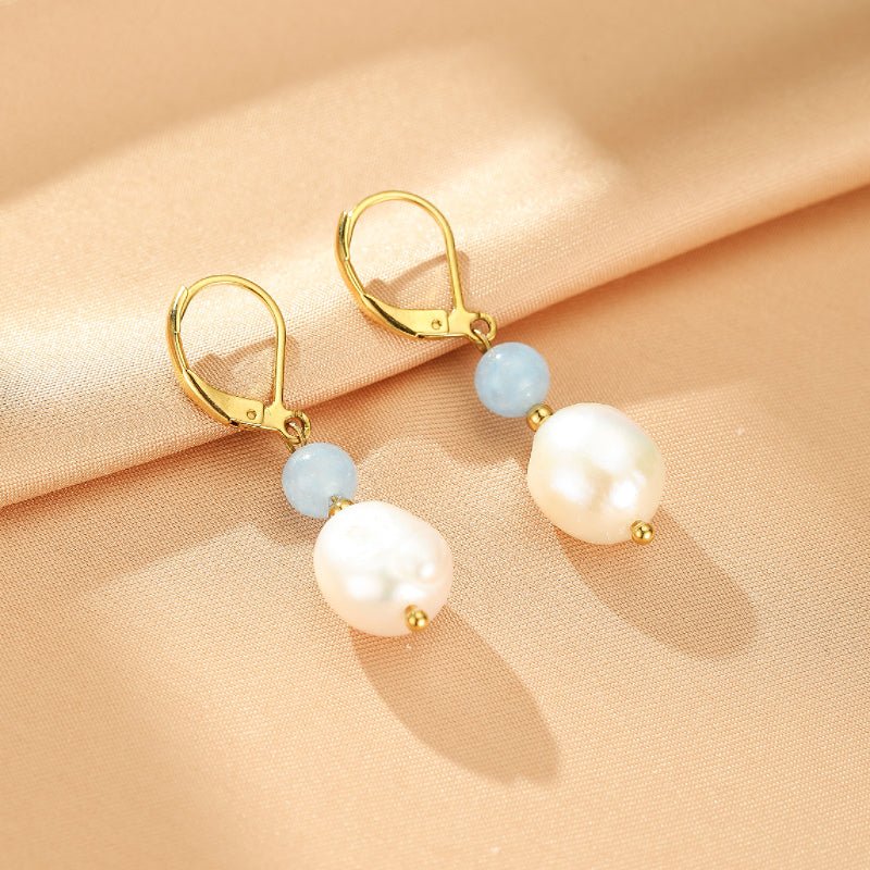 Boucles d'oreilles Aigue marine Perle baroque laiton doré - Biloria
