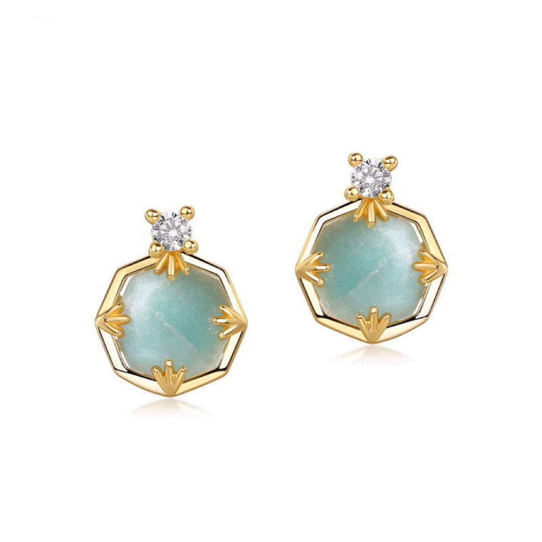 Boucles d'Oreilles Amazonite et Cristal de Roche – Danse des Étoiles, Argent Plaqué Or - Biloria