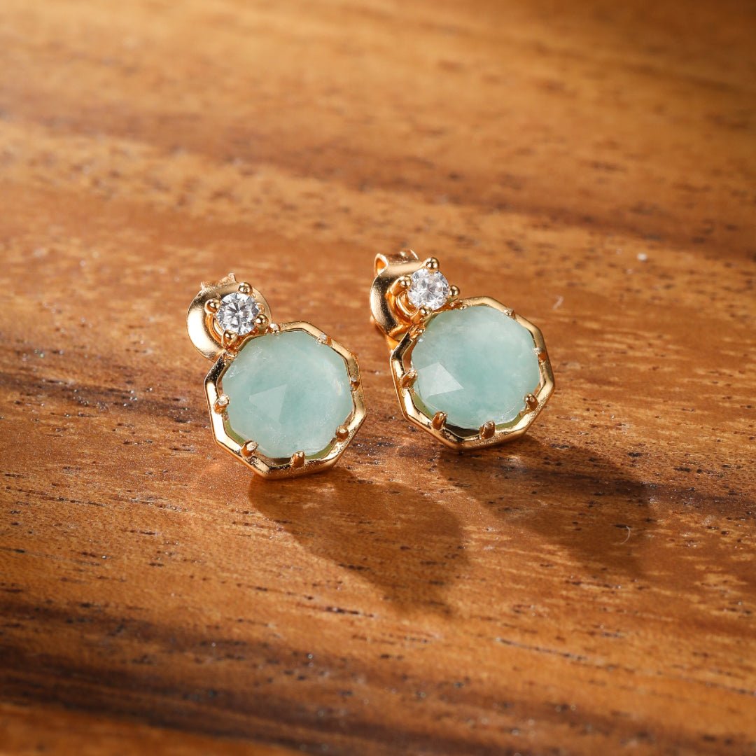 Boucles d'Oreilles Amazonite et Cristal de Roche – Danse des Étoiles, Argent Plaqué Or - Biloria