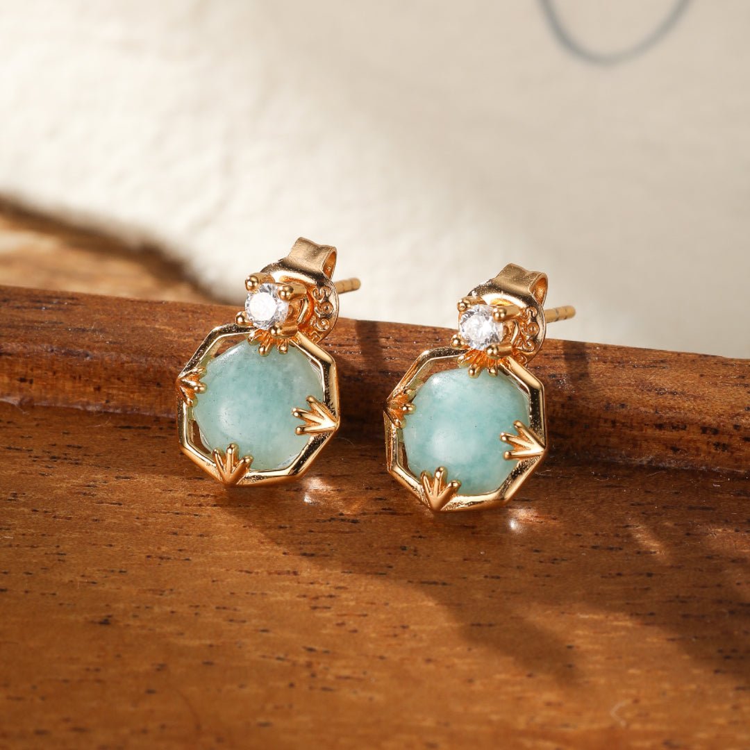 Boucles d'Oreilles Amazonite et Cristal de Roche – Danse des Étoiles, Argent Plaqué Or - Biloria