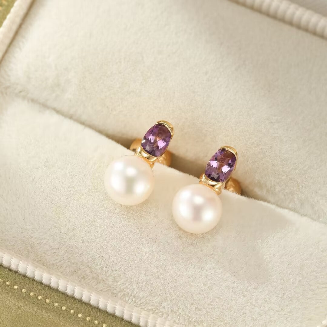 Boucles d'Oreilles Améthyste Perle – Argent Plaqué Or - Biloria