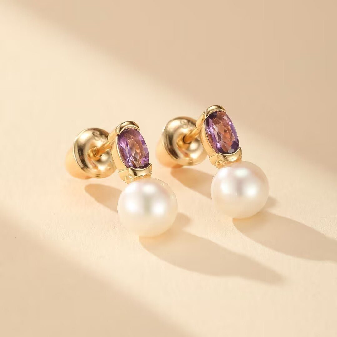 Boucles d'Oreilles Améthyste Perle – Argent Plaqué Or - Biloria
