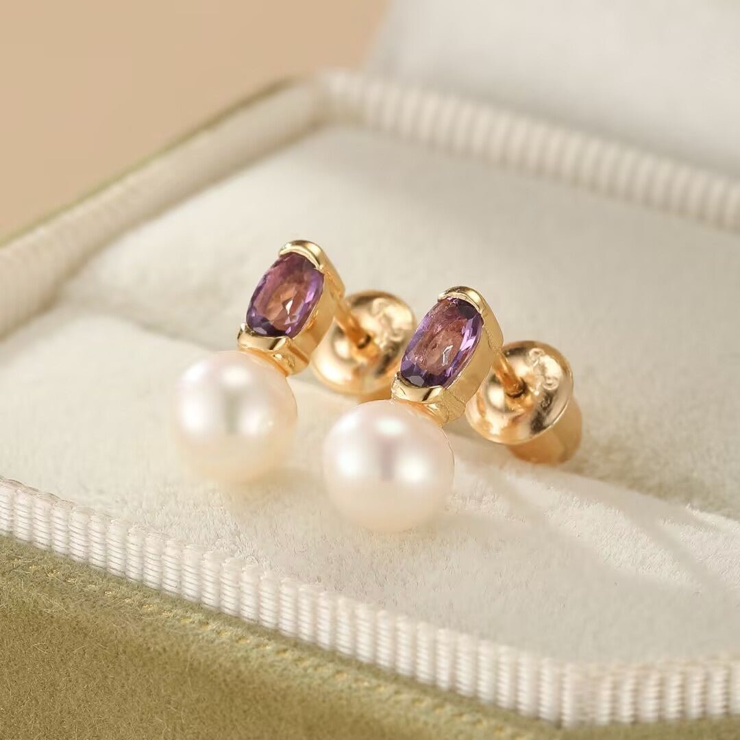 Boucles d'Oreilles Améthyste Perle – Argent Plaqué Or - Biloria