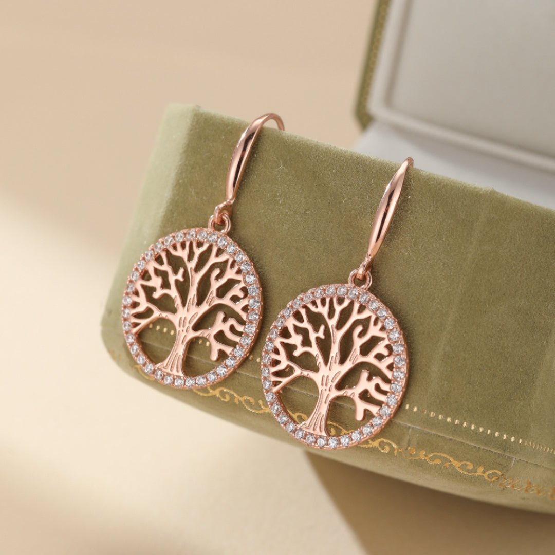 Boucles d'Oreilles Arbre de Vie Renouveau Argent Plaqué Or Rose - Biloria