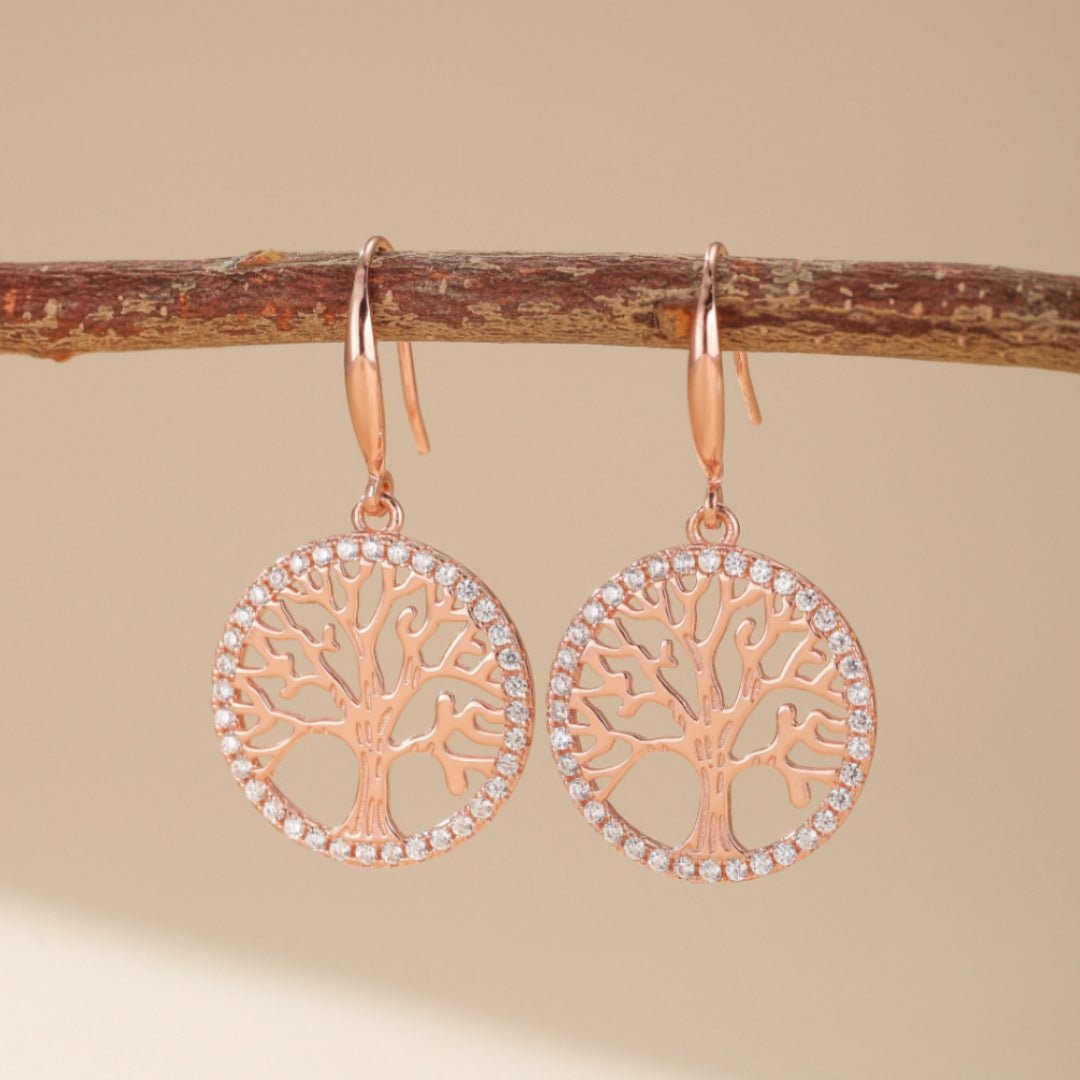 Boucles d'Oreilles Arbre de Vie Renouveau Argent Plaqué Or Rose - Biloria