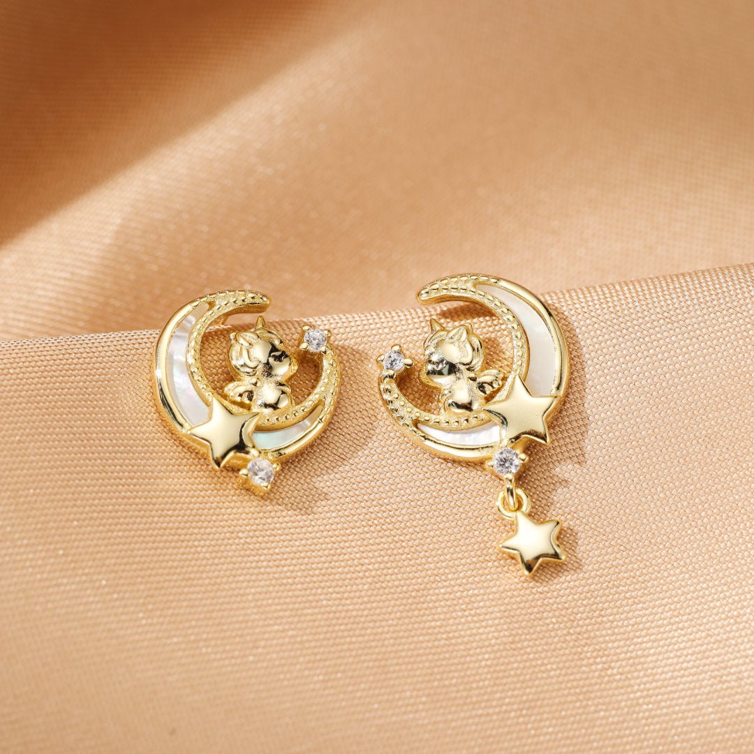 Boucles d'oreilles Cheval Lune Étoile - Argent Plaqué Or - Biloria