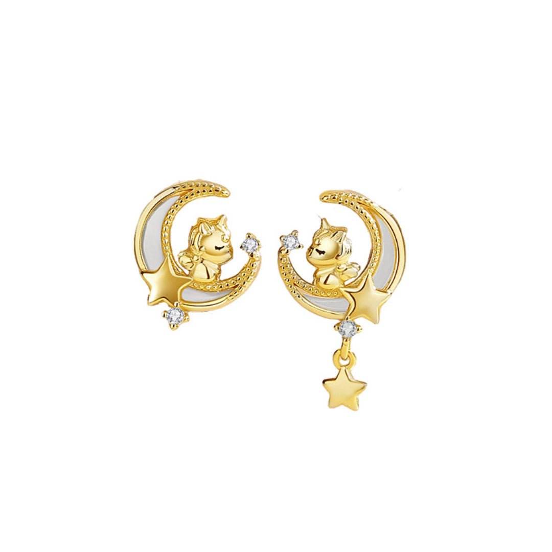 Boucles d'oreilles Cheval Lune Étoile - Argent Plaqué Or - Biloria